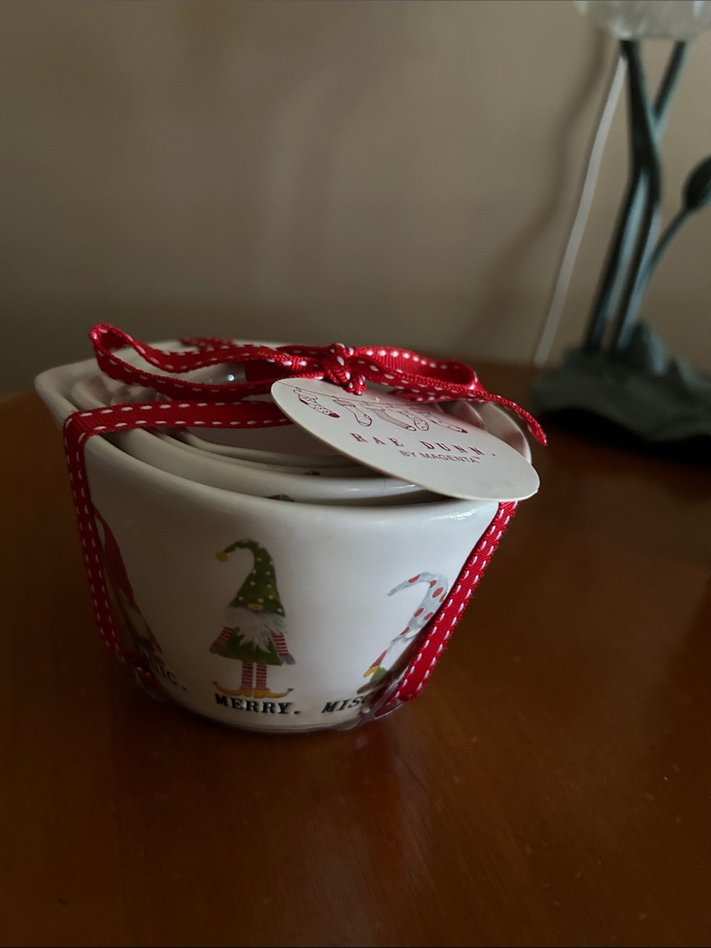 Holiday Ceramic Measuring Cups with Red Ribbon - Festive Gnome Design